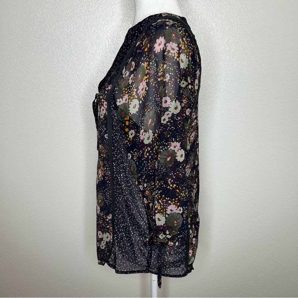 ZARA Womens Navy Blue Floral Chiffon Front Tie Top Balloon Sleeve Size XS/ S - Picture 6 of 10
